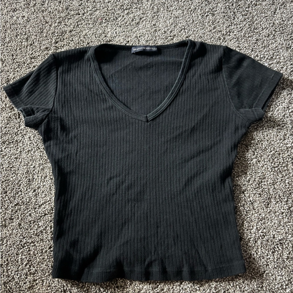Brandy Melville Black V-Neck Ribbed Top